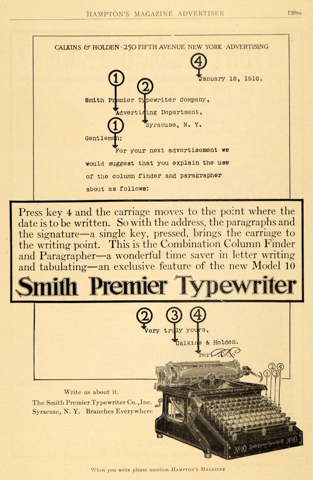 1910 Ad Smith Premier Typewriters With Column Finder Model 10 Office Supply HM1