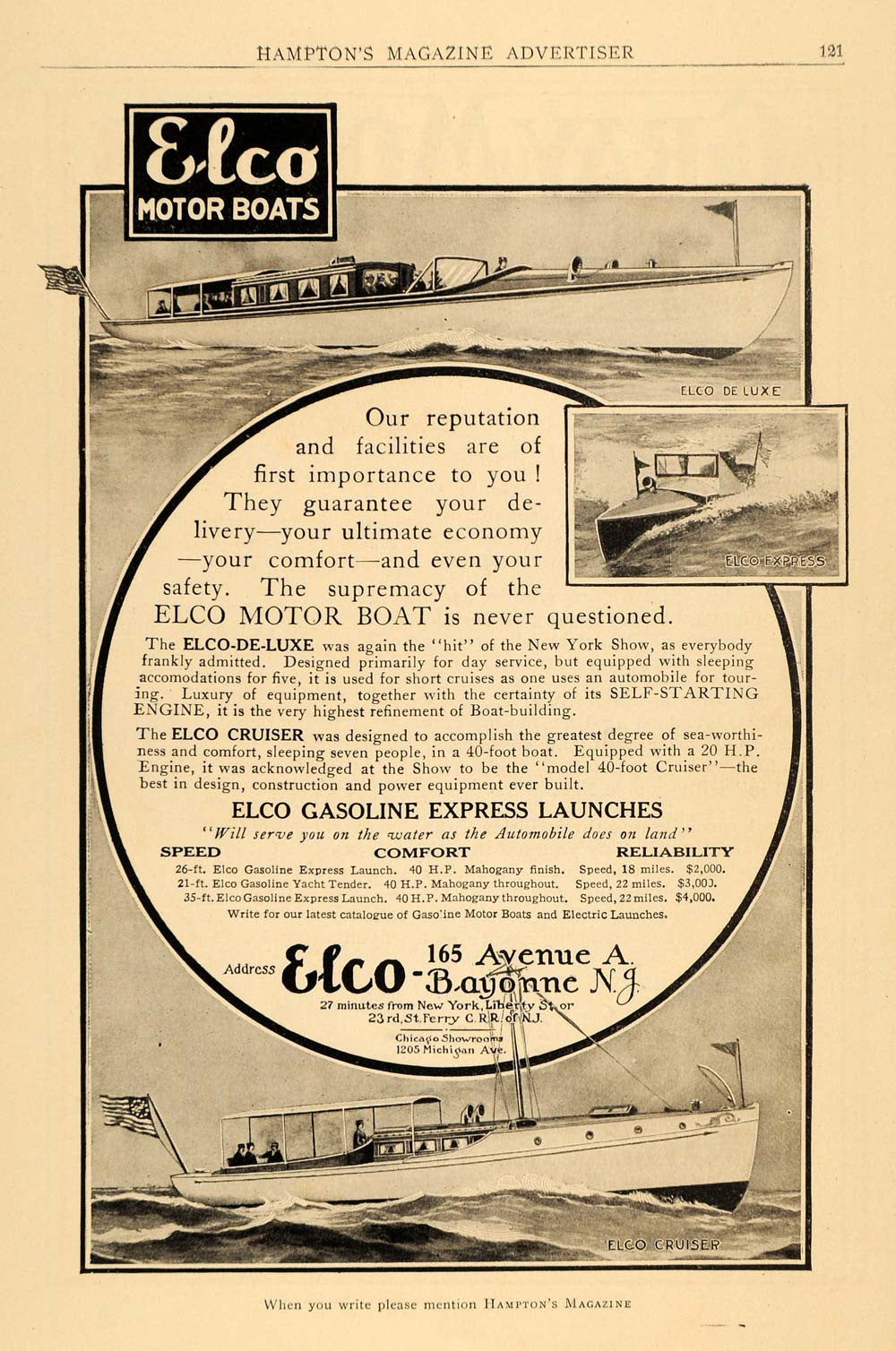 1910 Ad Elco Motor Boats De Luxe Express Cruiser Models Marine Boating Water HM1 - Period Paper
