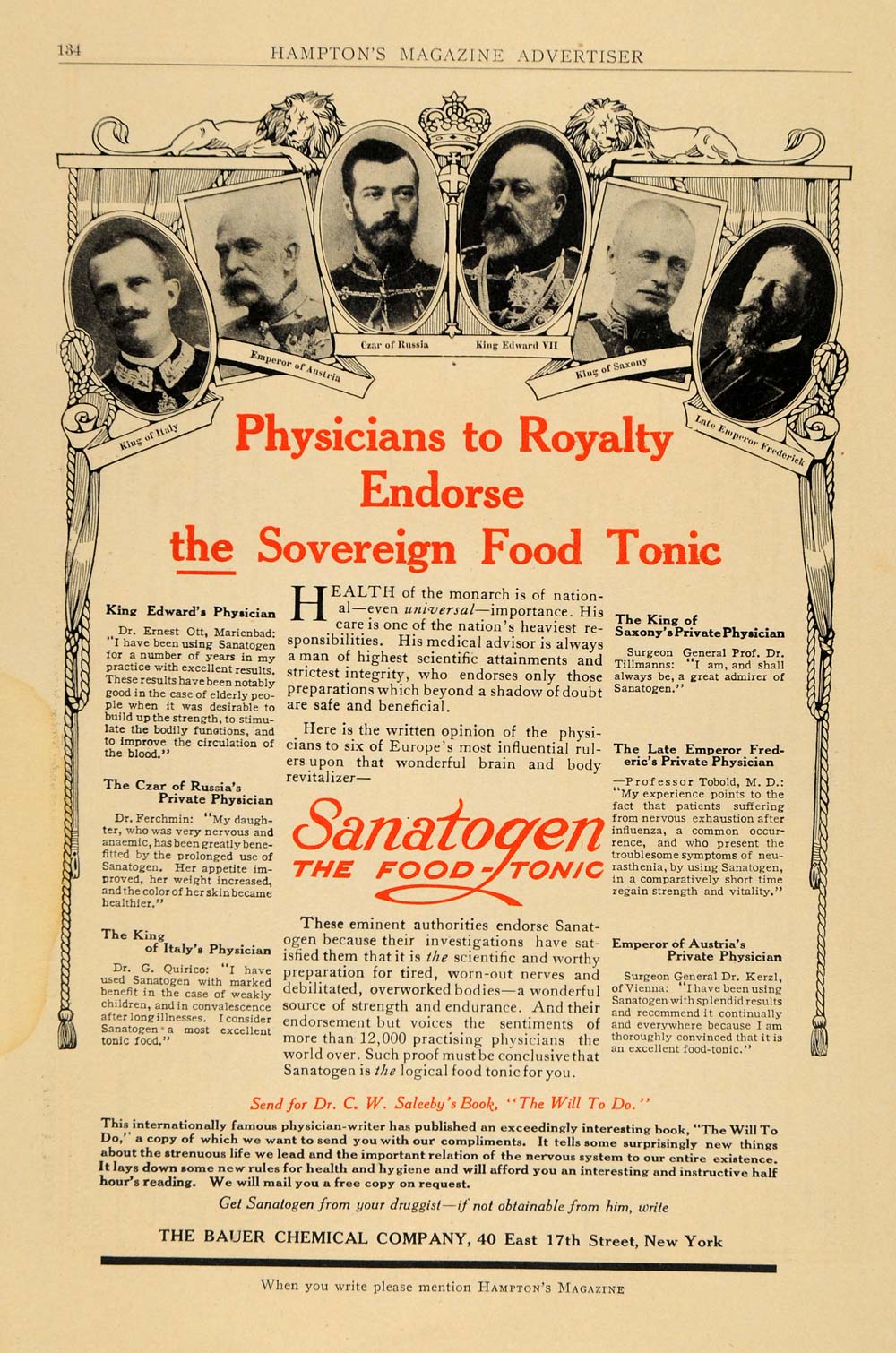 1910 Ad Bauer Chemicals Sanatogen Food-Tonic Royalty Health Medical Doctor HM1