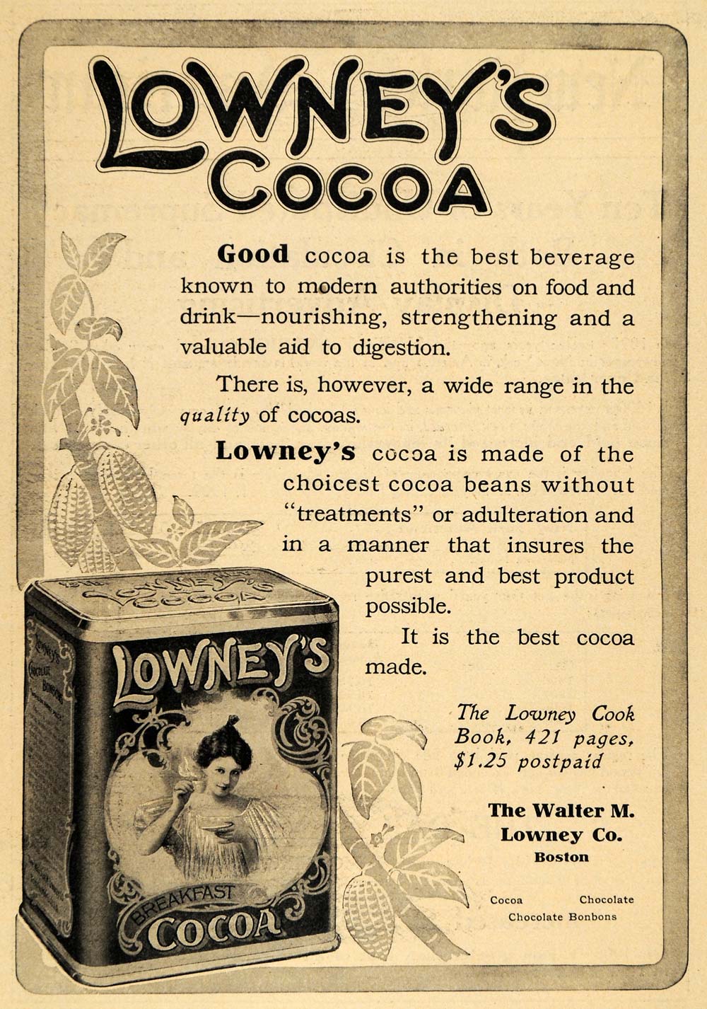 1910 Ad Walter M. Lowney Breakfast Cocoa Drink Boston Chocolate Drink Tin HM1
