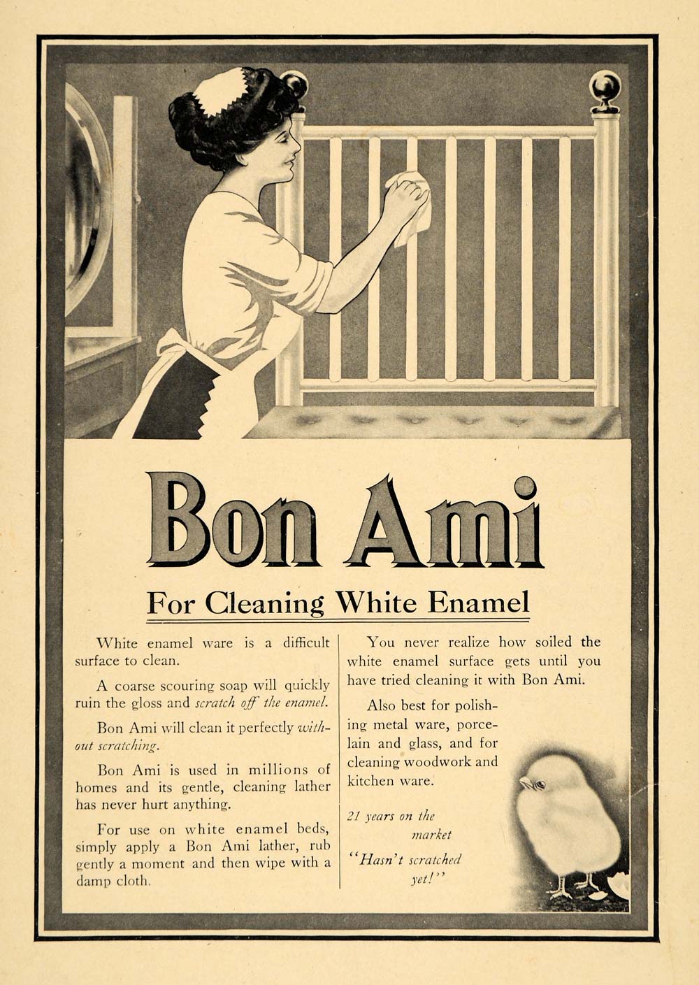1912 Ad Bon Ami Cleaning Lather For White Enamel Maid Head Board Housekeeper HM1