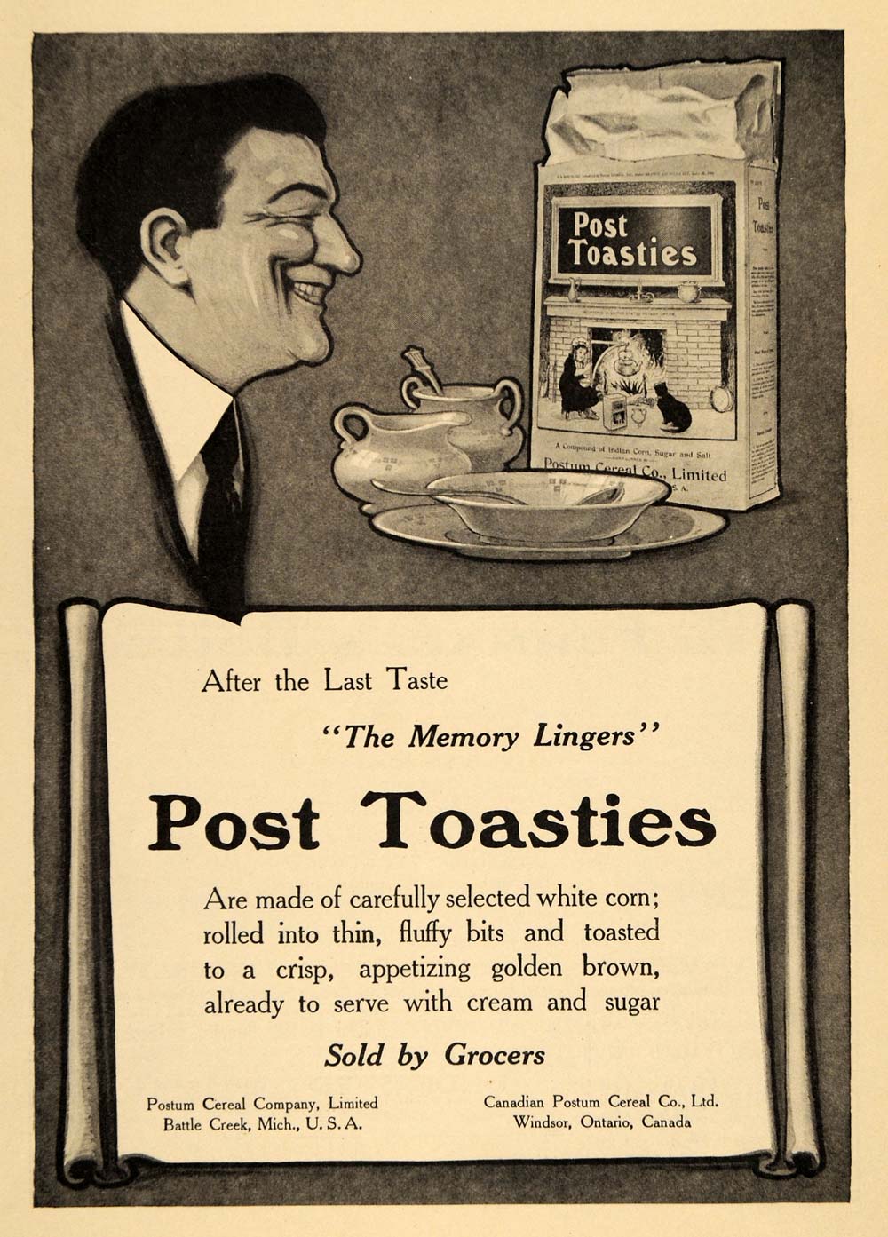 1912 Ad Postum Cereal Corn Post Toasties Breakfast Food Crispy Bowl Man Box HM1