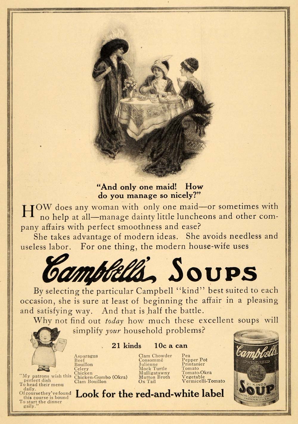 1912 Ad Joseph Campbell Canned Soup Cooking Women Table Broth Stock Tin HM1