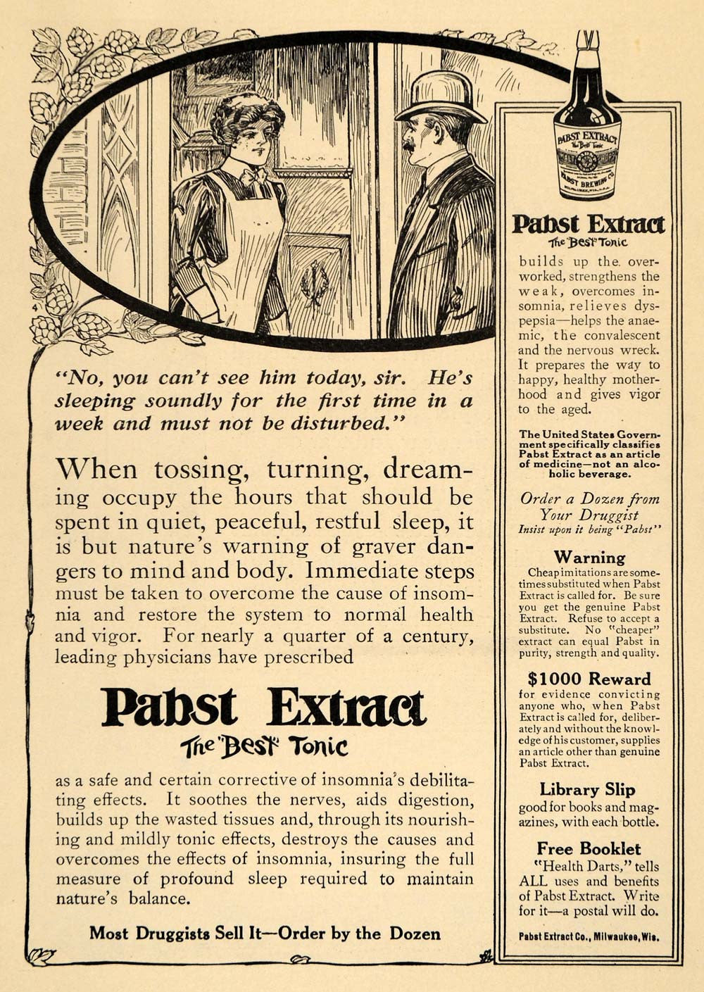 1912 Ad Pabst Extract Tonic Drug Nerves Medicine Sleep Beer Milwaukee WI HM1 - Period Paper
