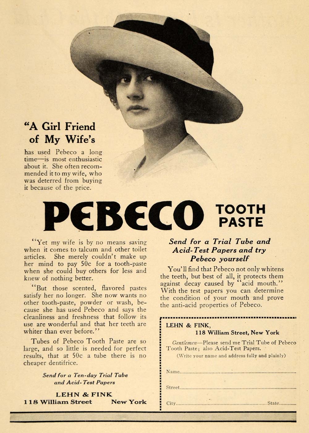 1912 Ad Pebeco Toothpaste Acid Mouth Lehn Fink Dental Teeth Hygiene Fresh HM1
