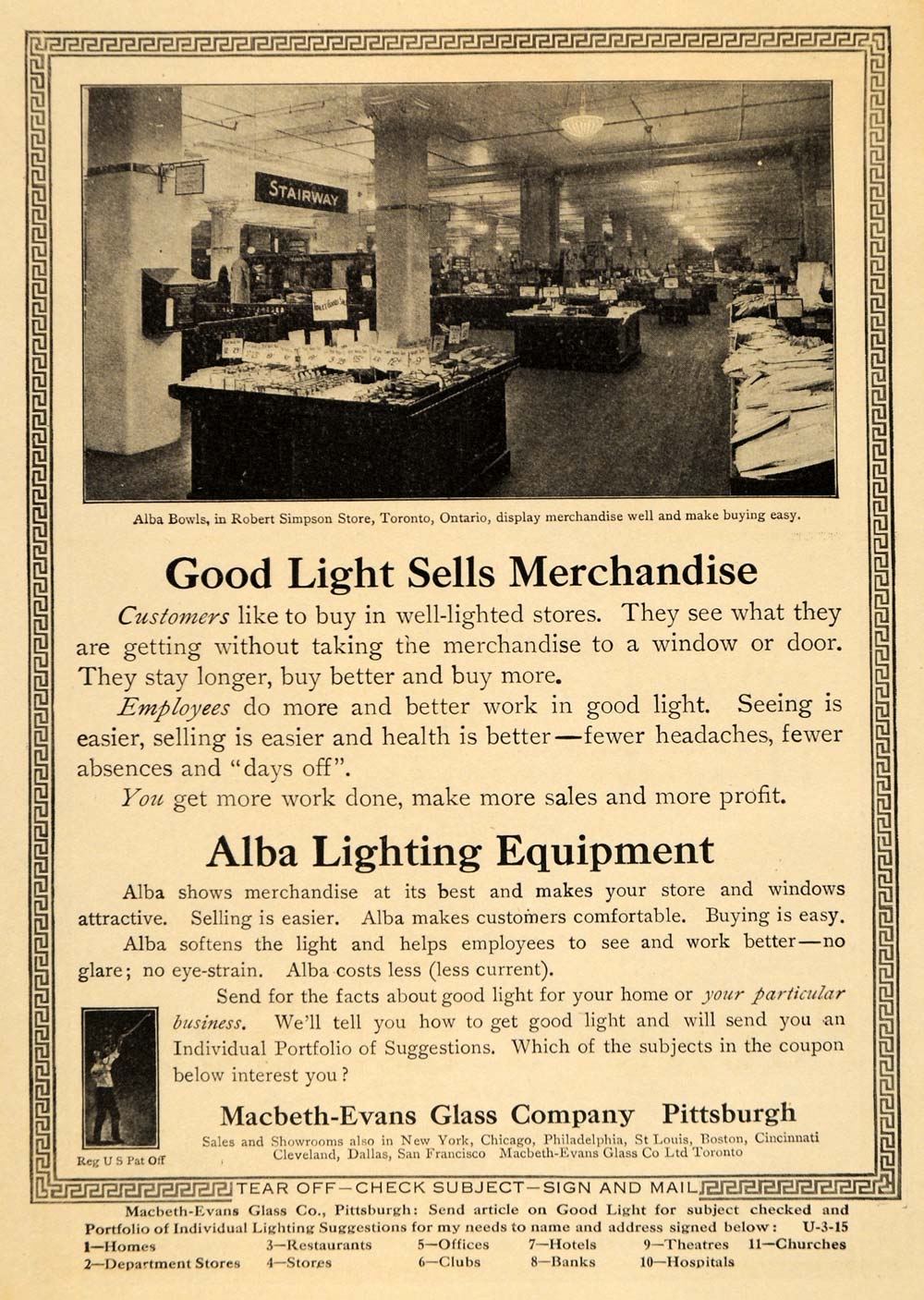 1915 Ad Alba Lighting Macbeth Evan Glass Robert Simpson Store Electric