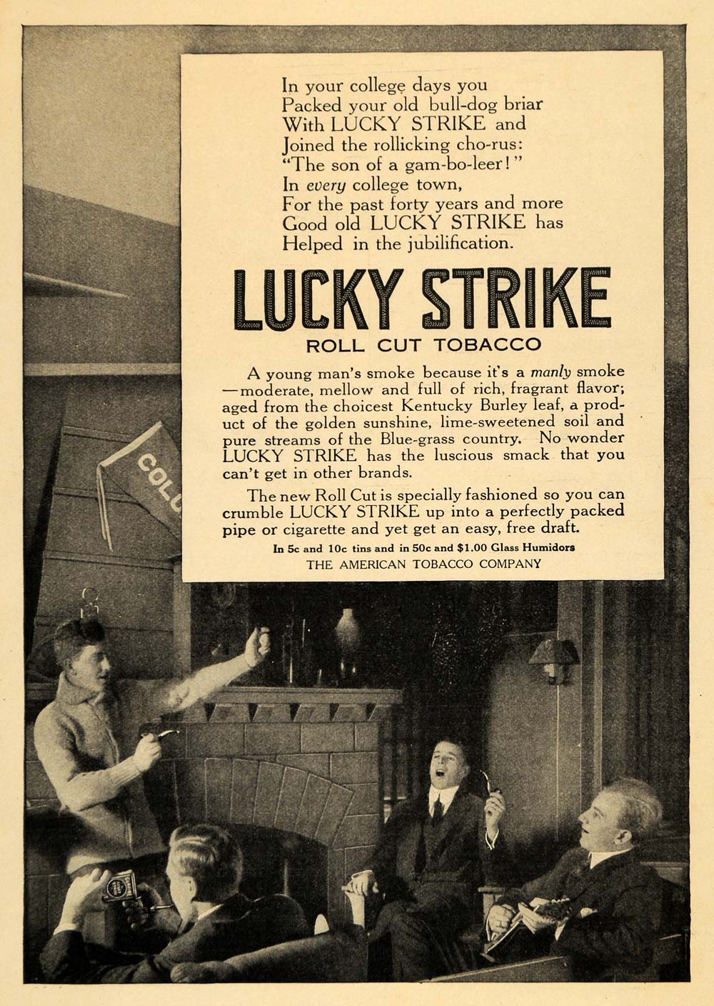 1915 Ad Lucky Strike Tobacco College Town Bluegrass Smoking Puffing Nocotine HM1