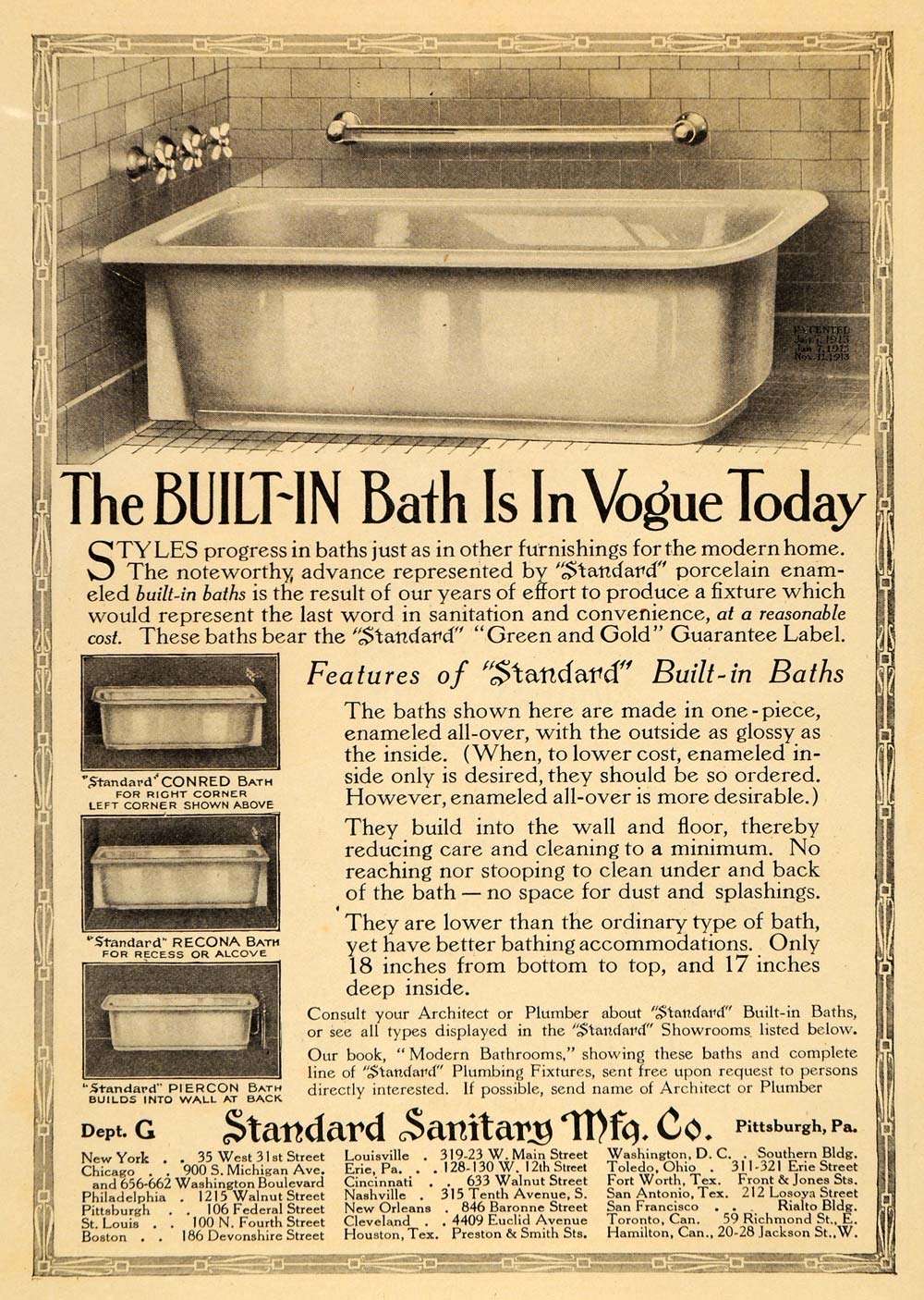 1915 Ad Bathtub Sanitary Standard Conred Recona Piercon Porcelain Fixture HM1
