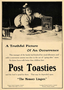 1911 Ad Post Toasties Child Cereal Kitten Milk Kitchen Breakfast Toddler HM1