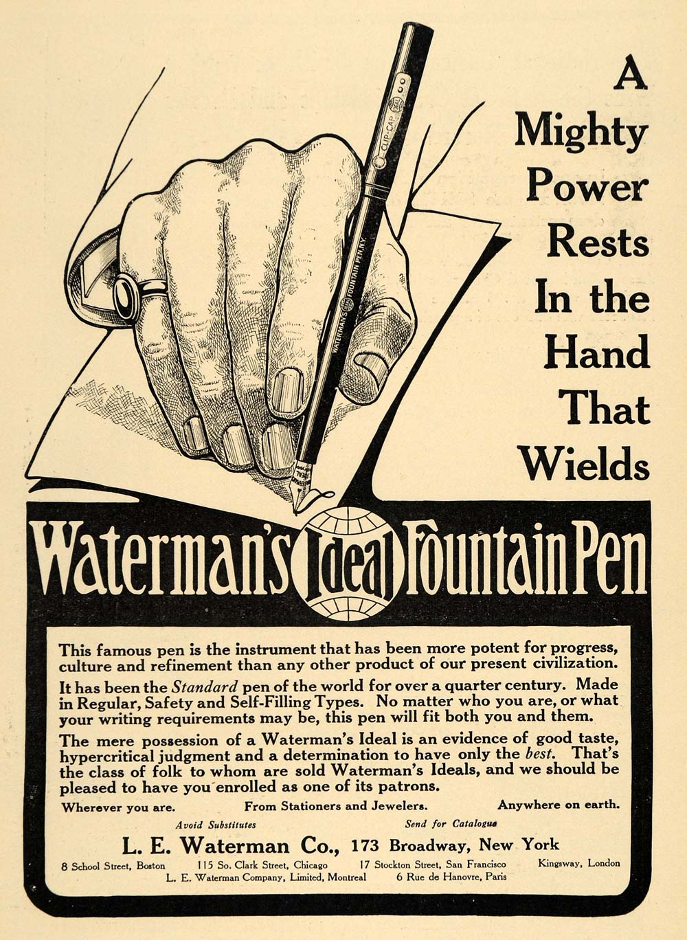 1911 Ad Waterman Fountain Pen Writing Paper Rubbermaid Ink Letter Stationary HM1