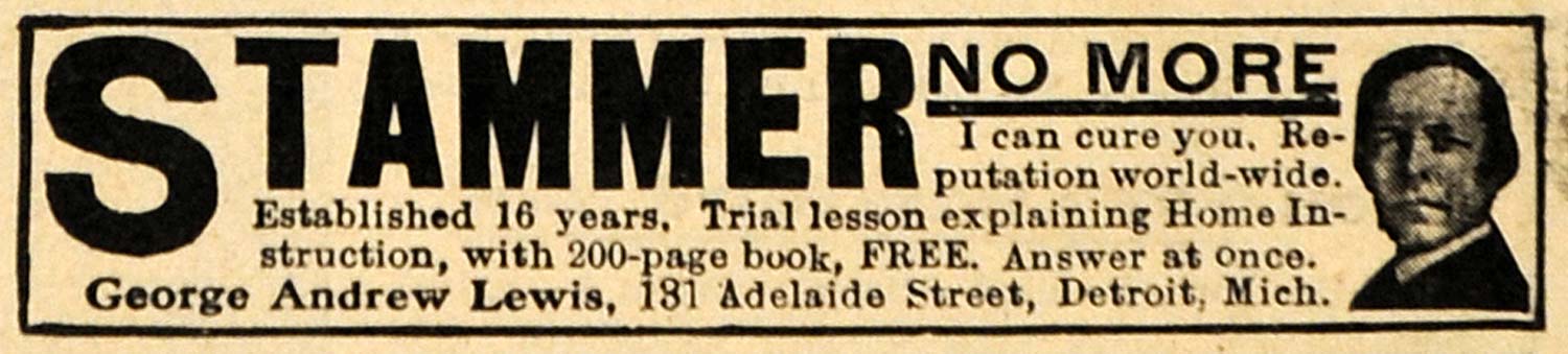 1910 Ad George Andrew Lewis Stammer Stutter No More Communication Learn MI HM1