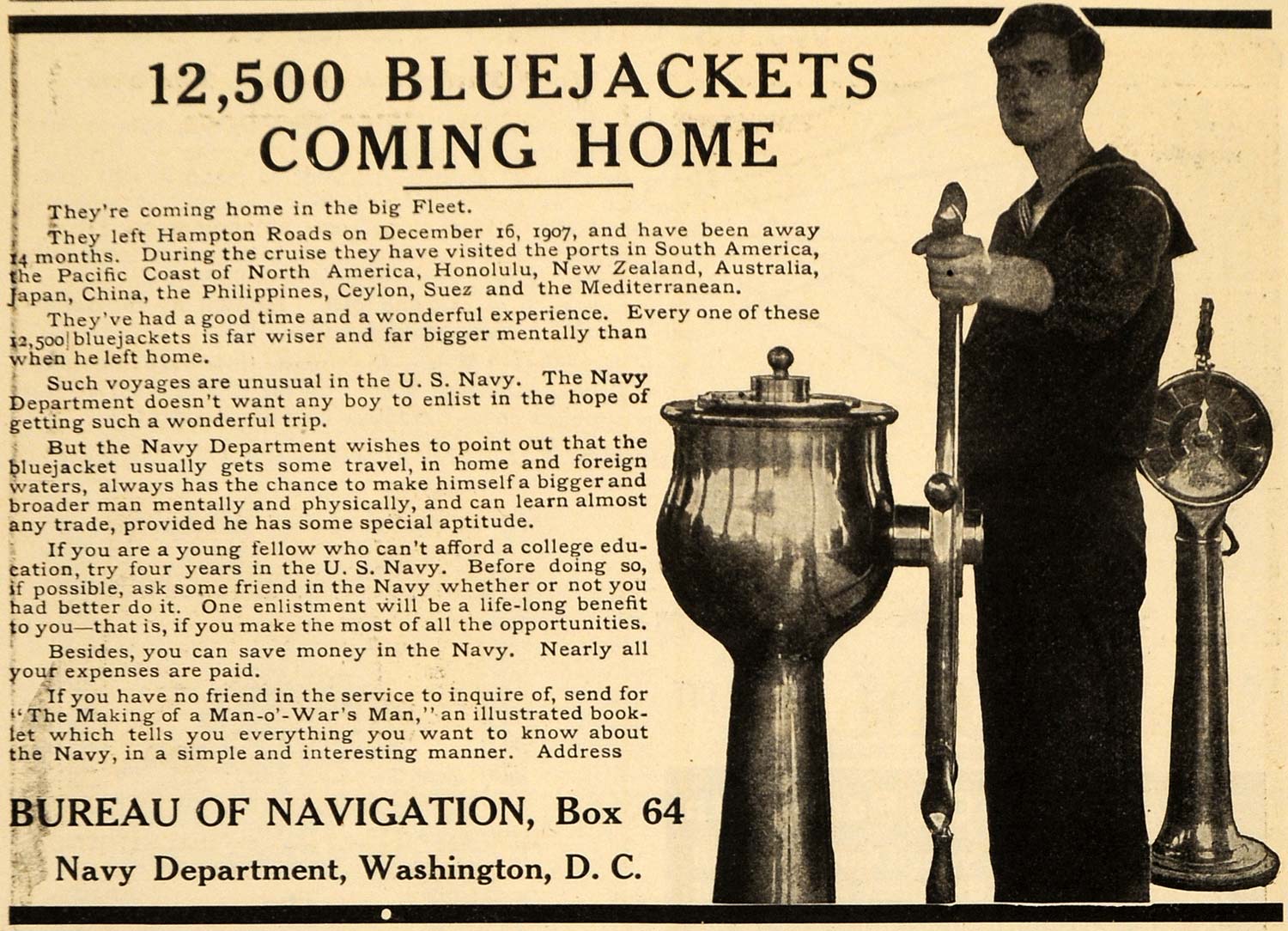 1909 Ad Navy Dept Navigation Bureau Bluejackets Wash DC Military Man Marine HM1