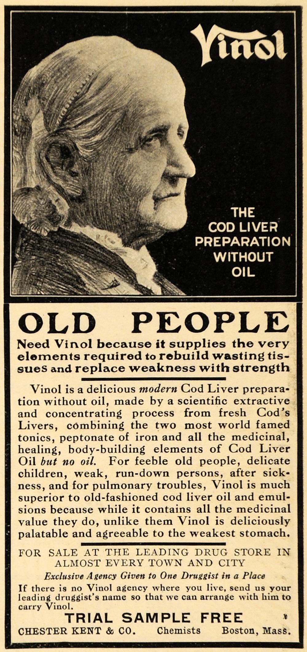 1909 Ad Vinol Cod Liver Old People Chester Kent Boston Health Medical Tonic HM1