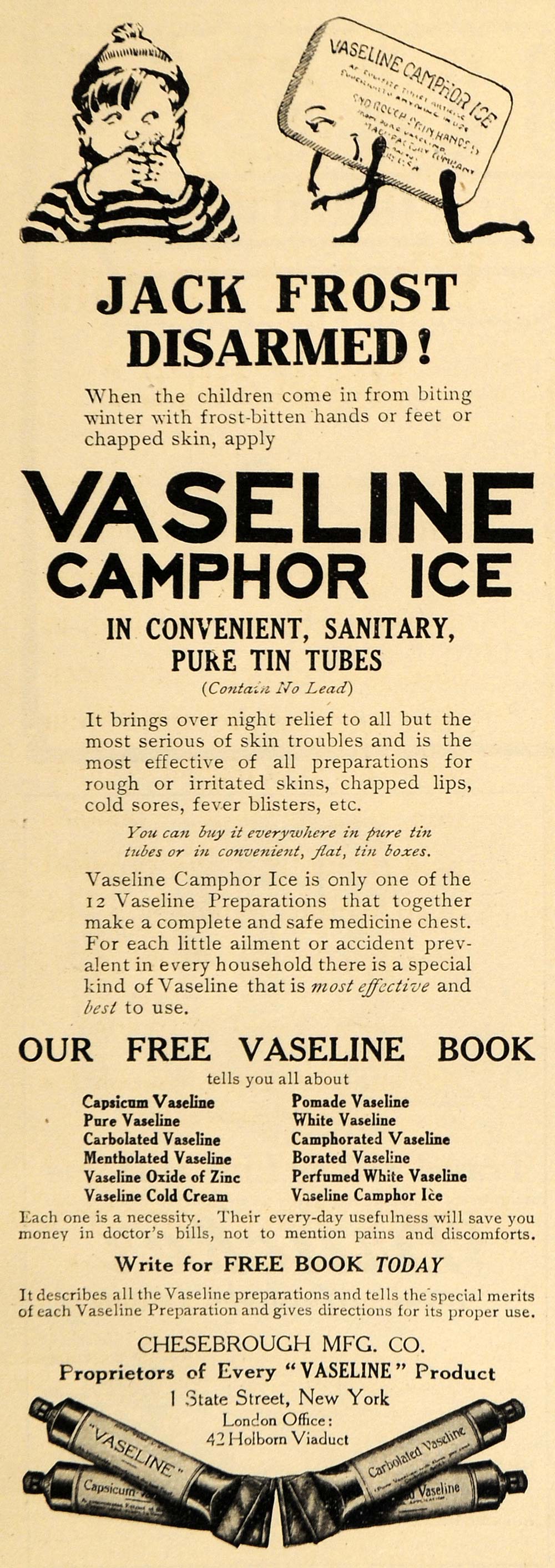 1909 Ad Jack Frost Vaseline Camphor Ice Chesebrough Mfg Child Skin Personal HM1