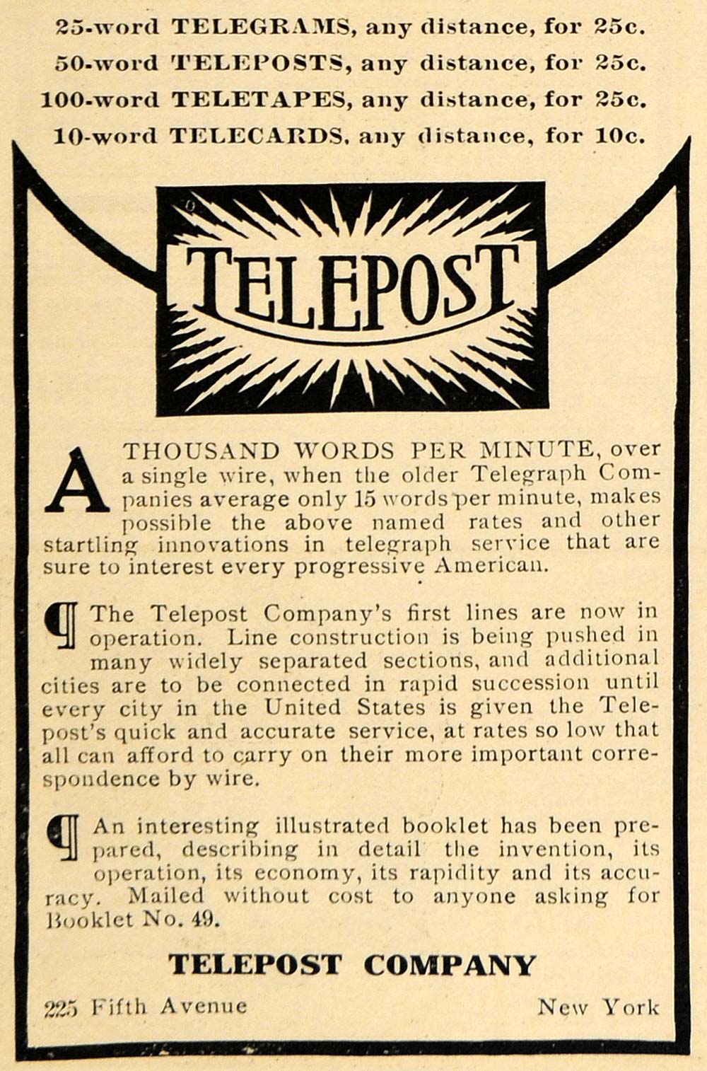 1909 Ad Telepost Telegrams Pricing 225 Fifth Ave NY Service Communicate HM1