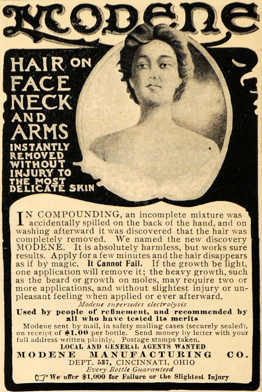 1909 Ad Modene Hair Removal Antique Cincinnati Ohio Skin Beauty Personal HM1