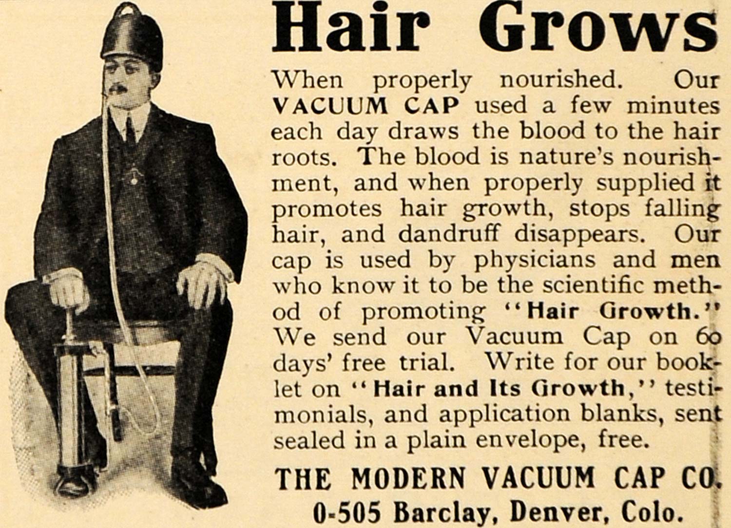 1909 Ad Modern Vacuum Cap Hair Growth Denver Colorado 505 Barclay Denver CO HM1