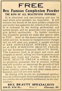 1909 Ad Free Rex Famous Complexion Powder Beautifying Cosmetic Facial Cream HM1
