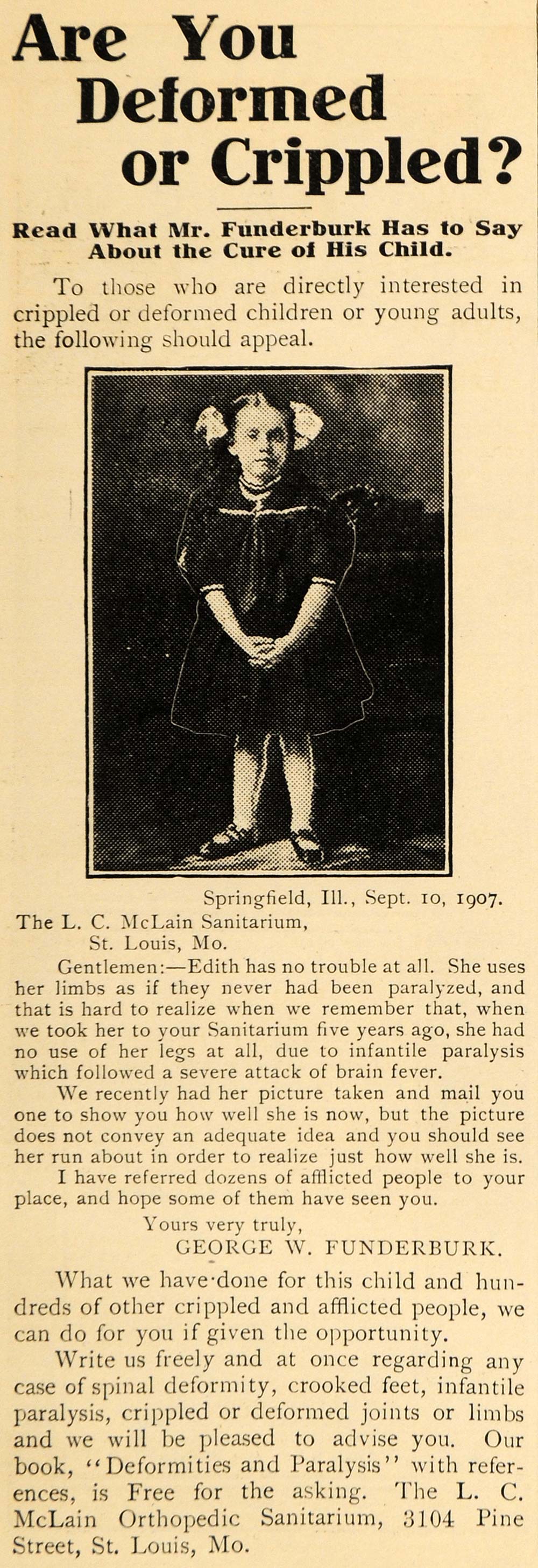 1909 Ad McLain Orthopedic Sanitarium George Funderburk Child Girl Paralysis HM1