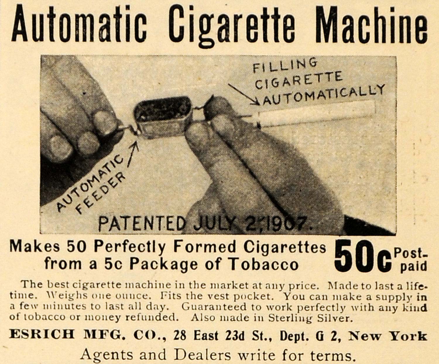 1909 Ad Automatic Cigarette Filling Machine Esrich Mfg Nicotine Smoke HM1