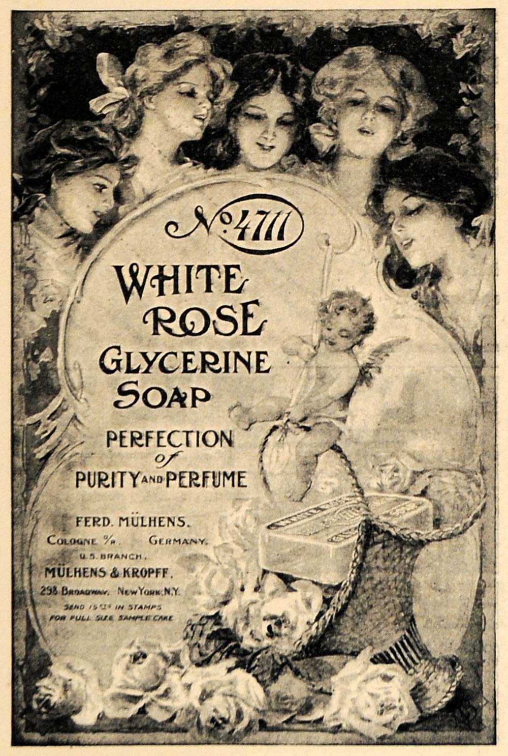 1910 Ad 4711 White Rose Glycerine Soap Mulhens Kropff Hygiene Skin Clean HM1