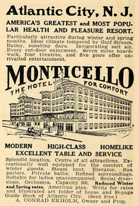 1910 Ad Monticello Hotel Atlantic City NJ Conrad Ekholm Leisure Visit Resort HM1