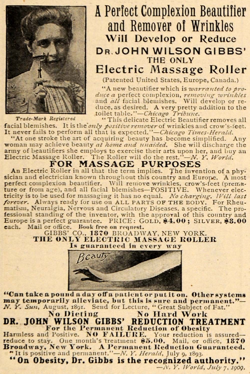 1910 Ad Dr. John Wilson Gibbs Electric Massage Roller Complexion Beauty Skin HM1