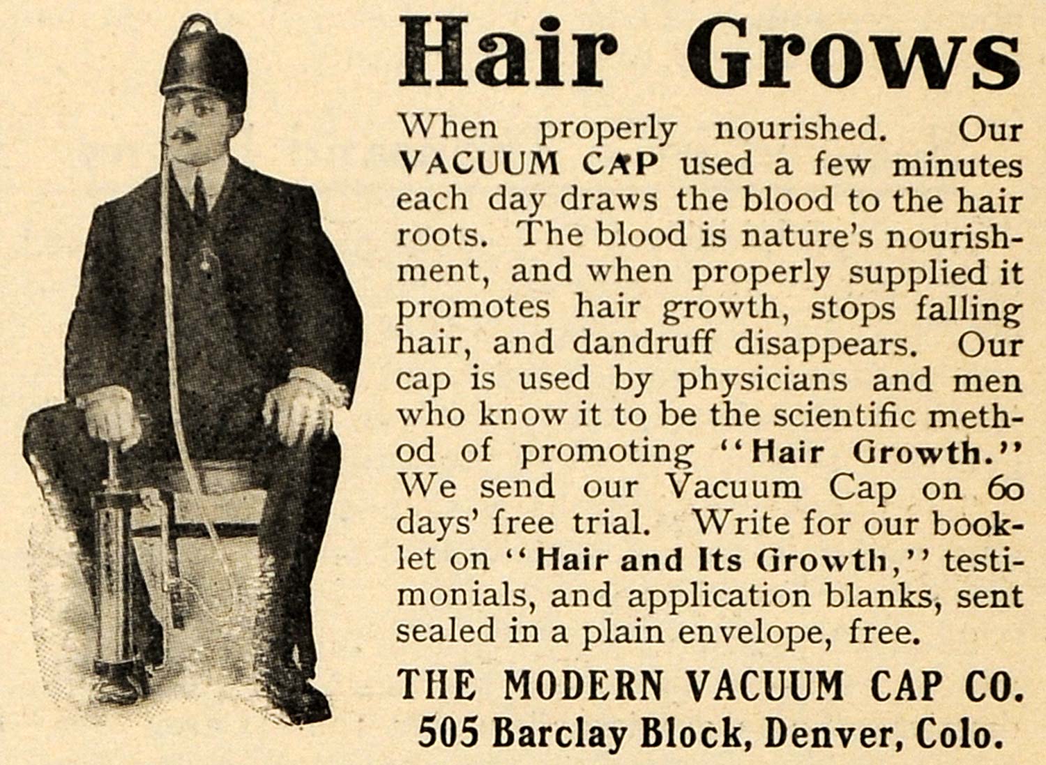 1910 Ad Grow Hair Modern Vacuum Cap Denver Colorado Quackery Beauty HM1