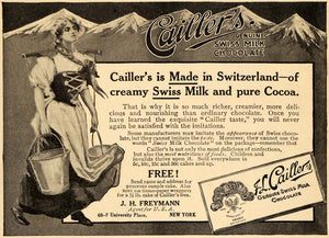 1909 Ad Cailler's Swiss Milk Chocolate J. H. Freyman NY Cocoa Sweet Treat HM1