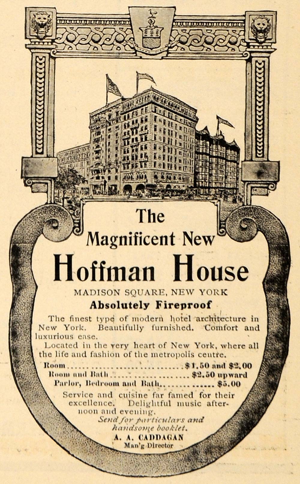 1909 Ad A. A. Caddagan Hoffman House Hotel Rates NY Leisure Visit Madison HM1