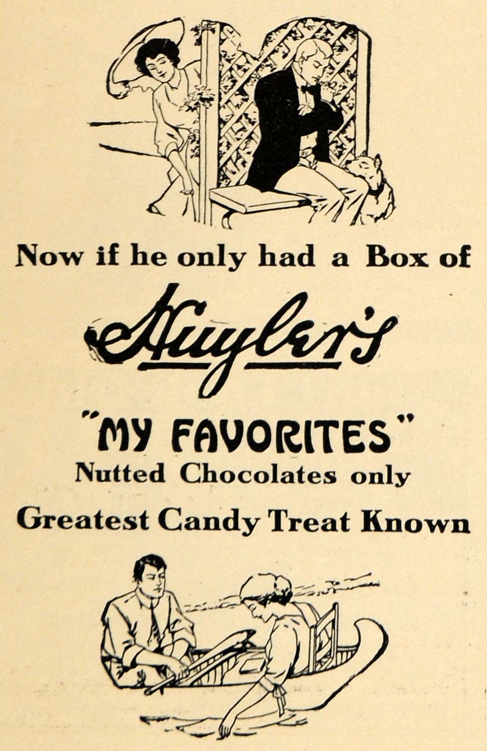 1909 Ad Auyler's Nutted Chocolate Candy Couples Boat Dog Sweet Cocoa Treat HM1