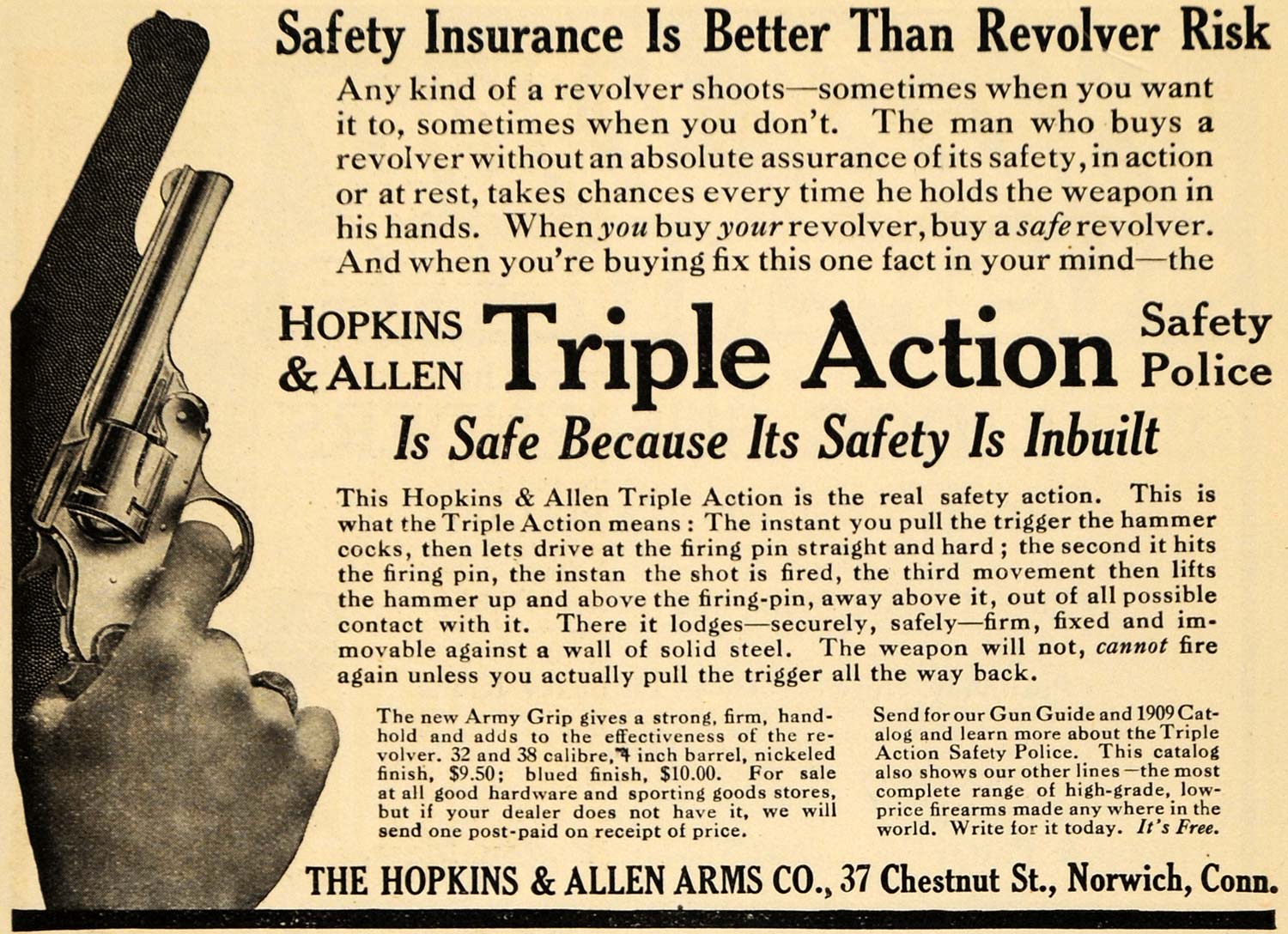 1909 Ad Hopkins Allen Triple Action Revolver Army Grip Gun Bullet Weapon HM1