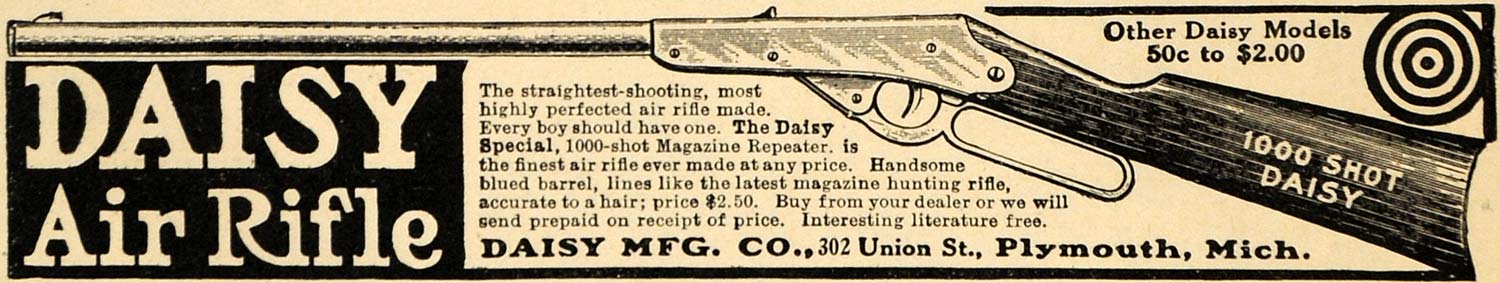 1911 Ad Daisy Air Rifle 100-Shot Plymouth Michigan - ORIGINAL ADVERTISING HM1
