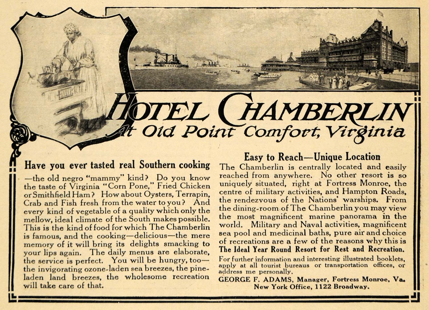 1911 Ad Hotel Chamberlin Old Point Comfort George Adams - ORIGINAL HM1