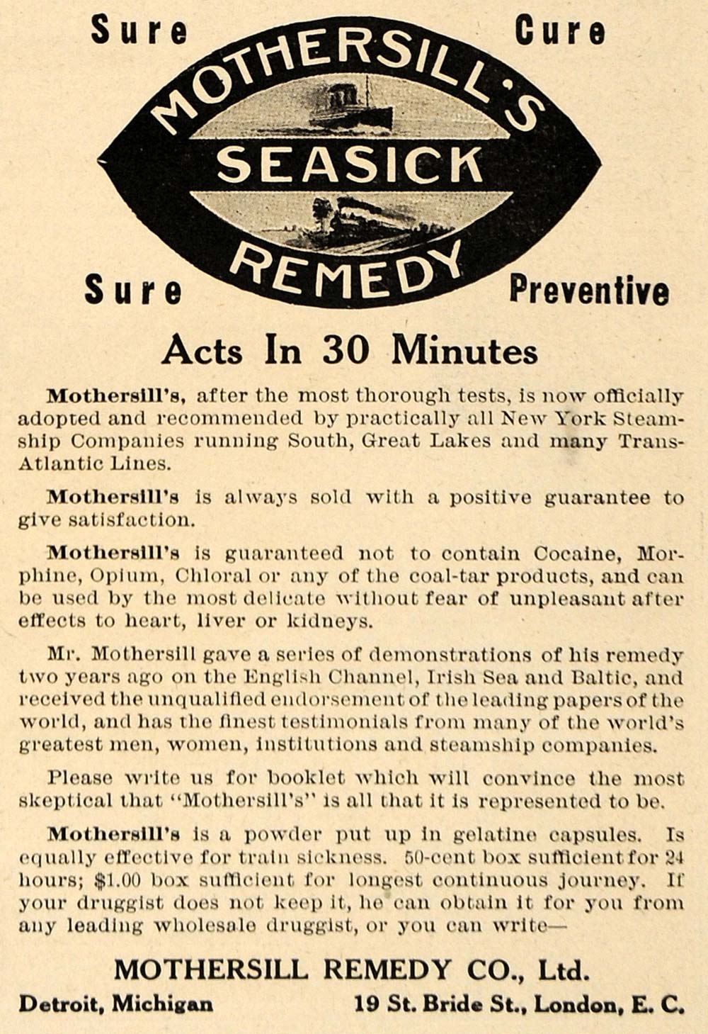 1911 Ad Mothersill's Seasick Remedy Detroit Michigan - ORIGINAL ADVERTISING HM1