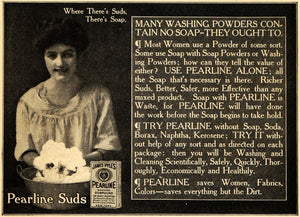1909 Ad Pearline Suds Soap Box Woman Washing Laundry - ORIGINAL ADVERTISING HM1