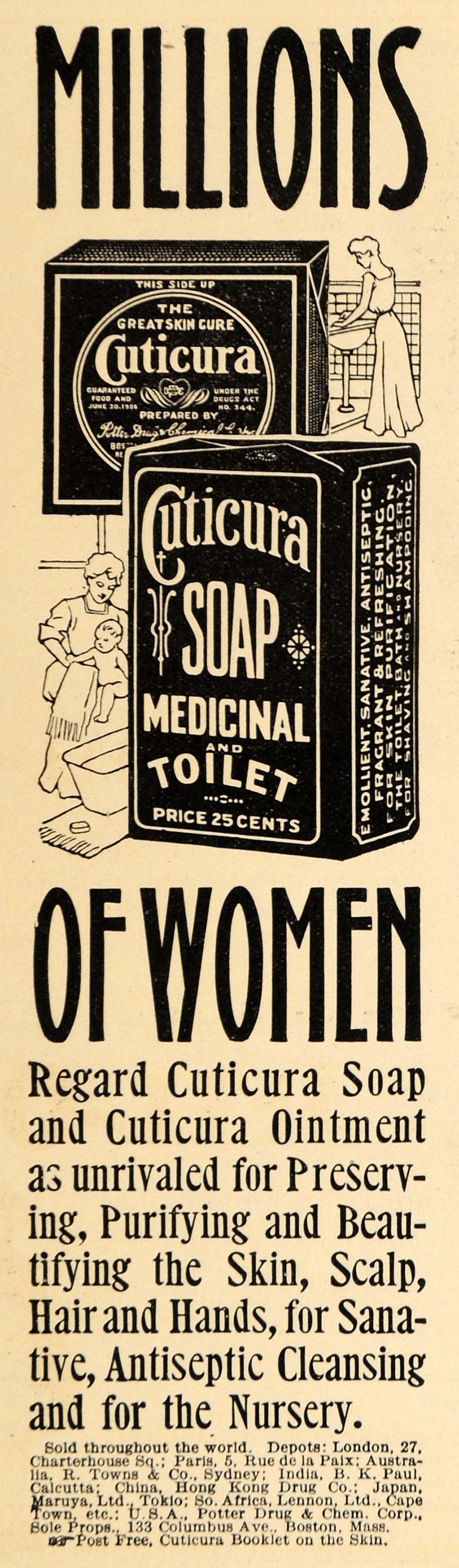 1909 Ad Cuticure Soap Medicinal Toilet Antiseptic Box - ORIGINAL ADVERTISING HM1
