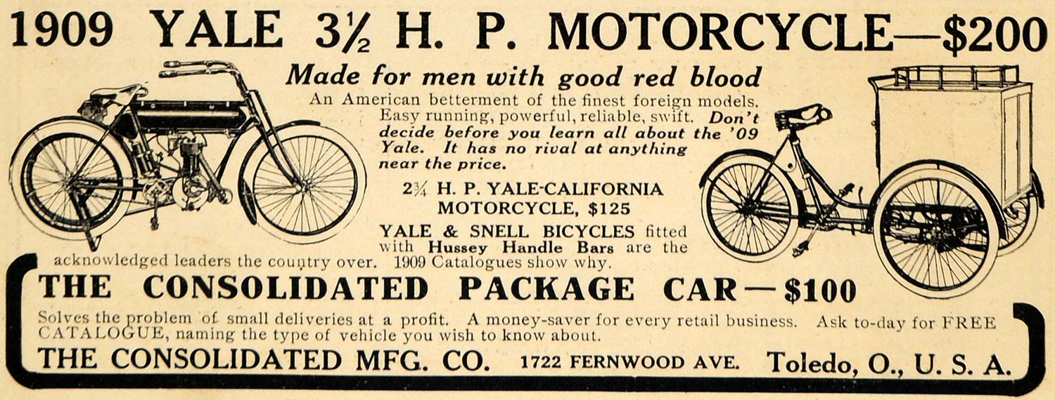 1909 Ad Yale Motorcycle Consolidated Package Car Price - ORIGINAL HM1