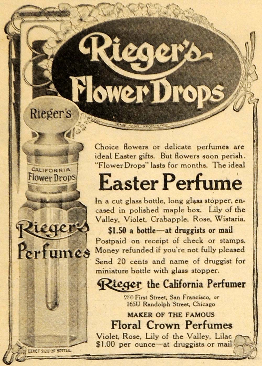 1909 Ad Riegers Flower Drop Easter Perfume Floral Crown - ORIGINAL HM1