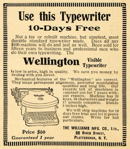 1911 Ad Williams Mfg Wellington Visible Typewriter NY - ORIGINAL ADVERTISING HM1