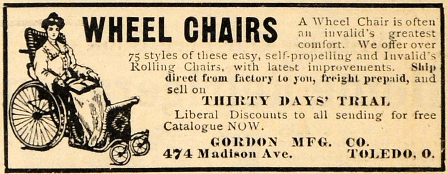 1911 Ad Wheel Chairs Invalids Gordon Manufacturing Co. - ORIGINAL HM1