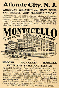 1910 Ad Hotel Monticello Atlantic City NJ Conrad Ekholm - ORIGINAL HM1
