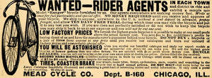 1910 Ad Mead Cycle Hanger Bicycle Rider Agents Wanted - ORIGINAL ADVERTISING HM1