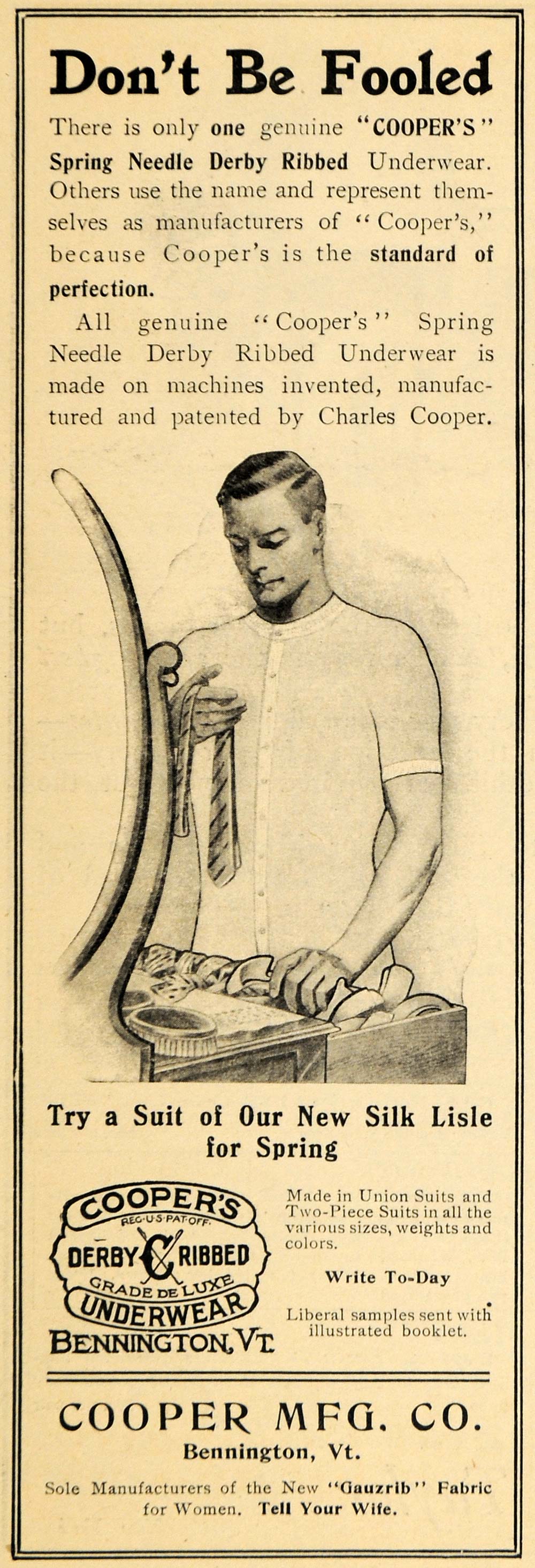 1910 Ad Cooper's Spring Needle Derby Ribbed Underwear - ORIGINAL ADVERTISING HM1