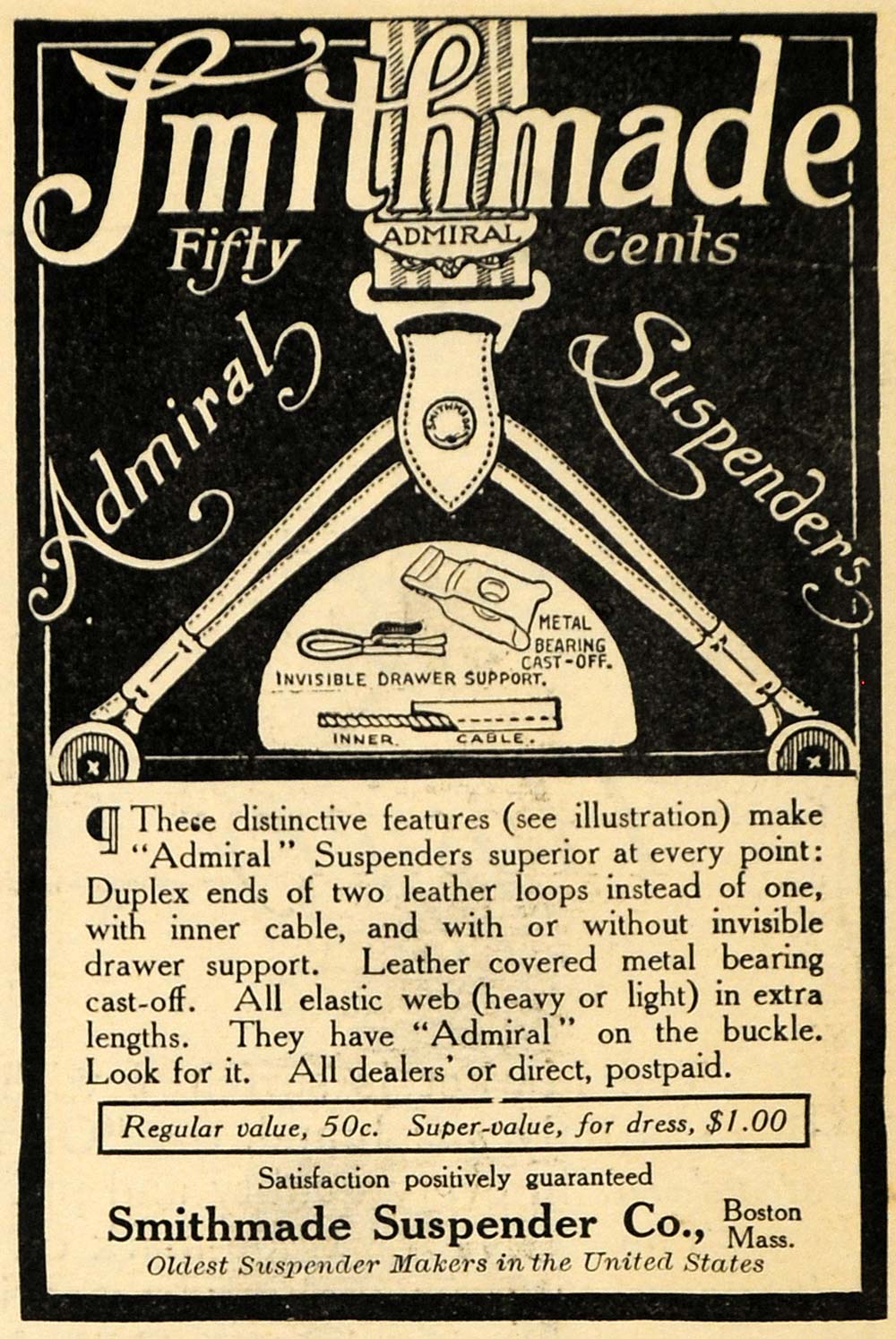 1910 Ad Smithmade Admiral Suspenders Pricing Boston - ORIGINAL ADVERTISING HM1