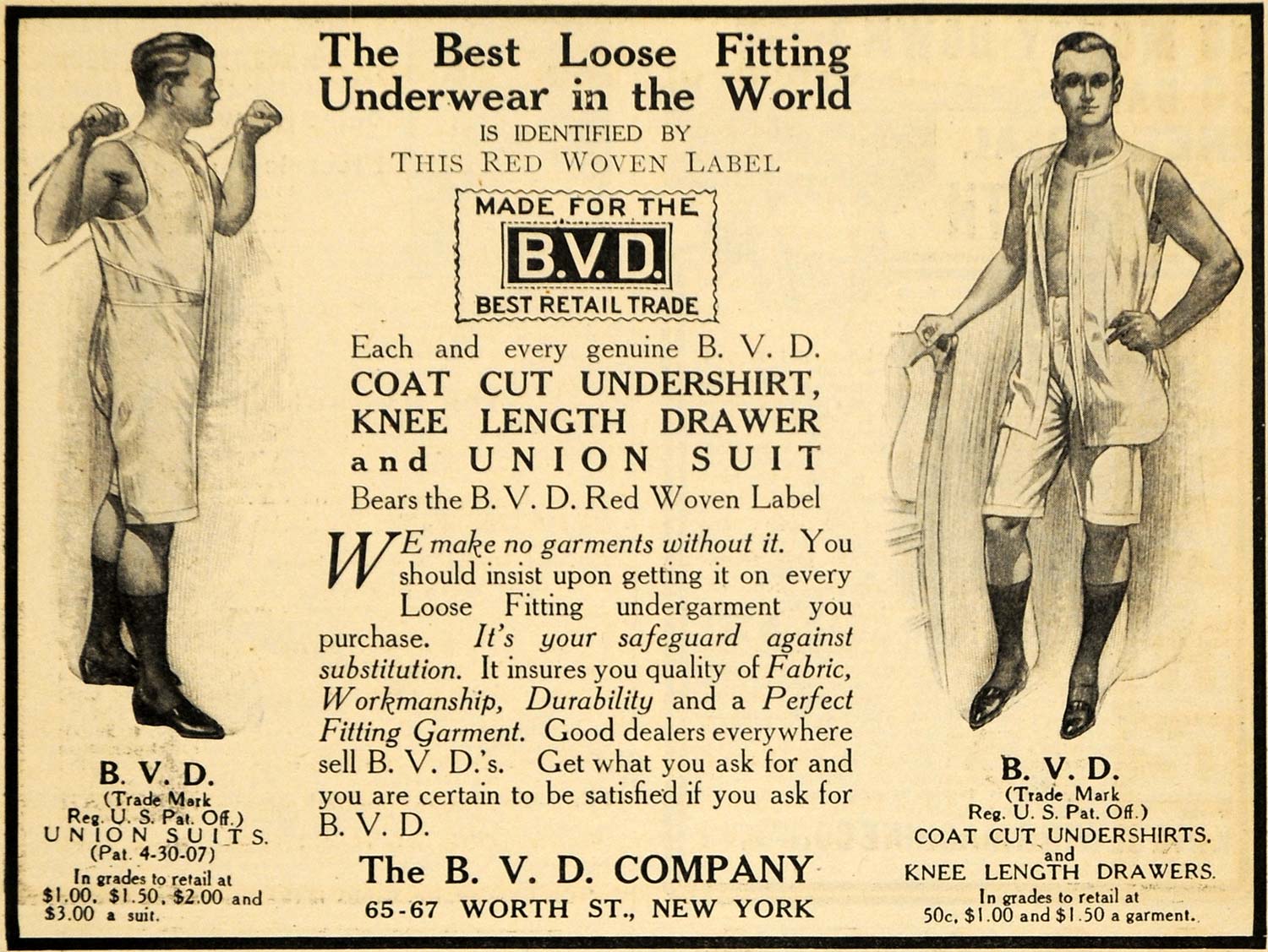 1910 Ad B.V.D. Loose Fitting Men's Underwear Garments - ORIGINAL ADVERTISING HM1
