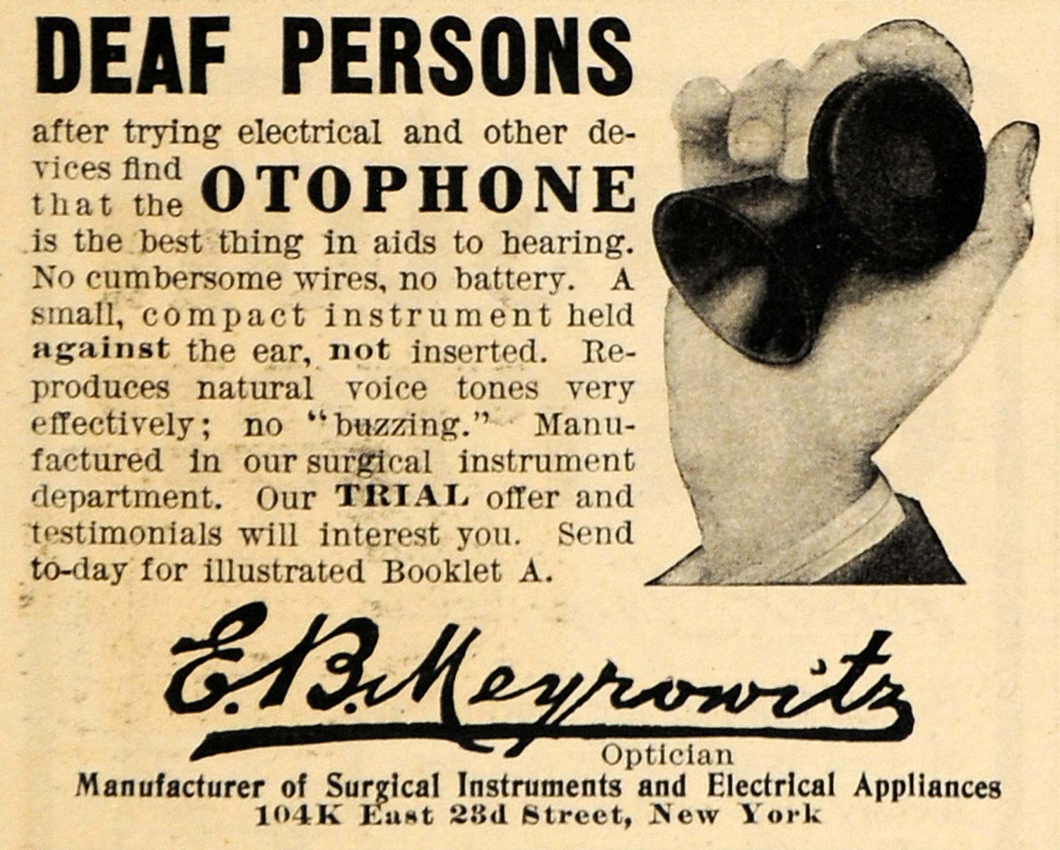 1910 Ad E. B. Meyrowitz Otophone Deaf Persons New York - ORIGINAL HM1