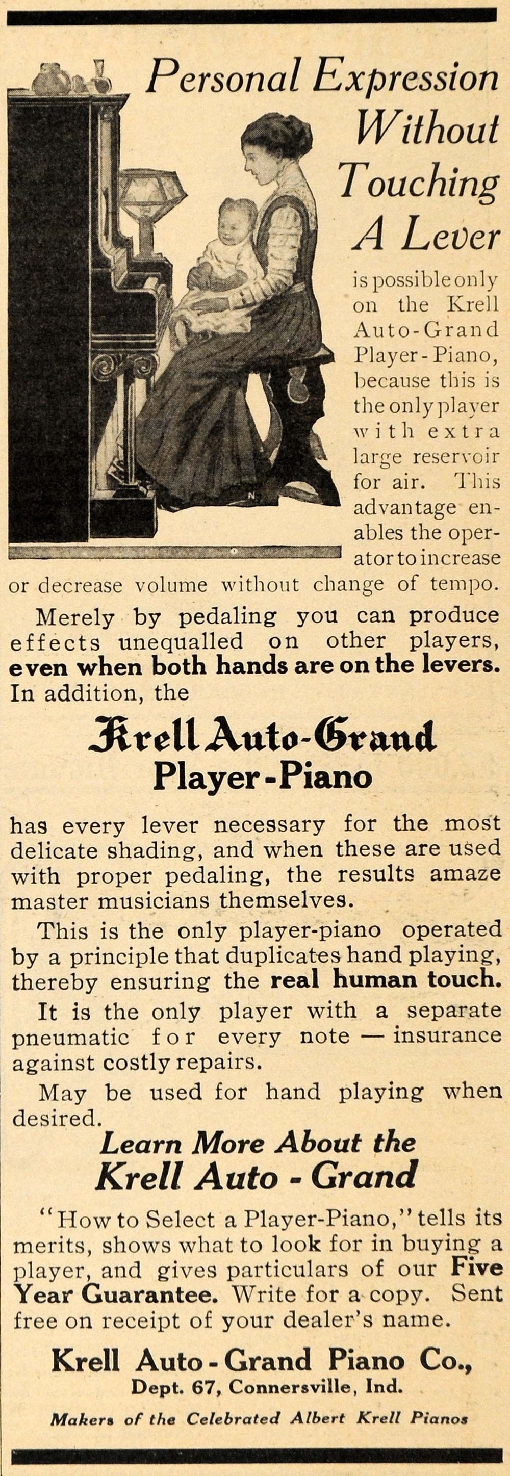 1910 Ad Krell Auto-Grand Player Piano Mother Baby Ind. - ORIGINAL HM1