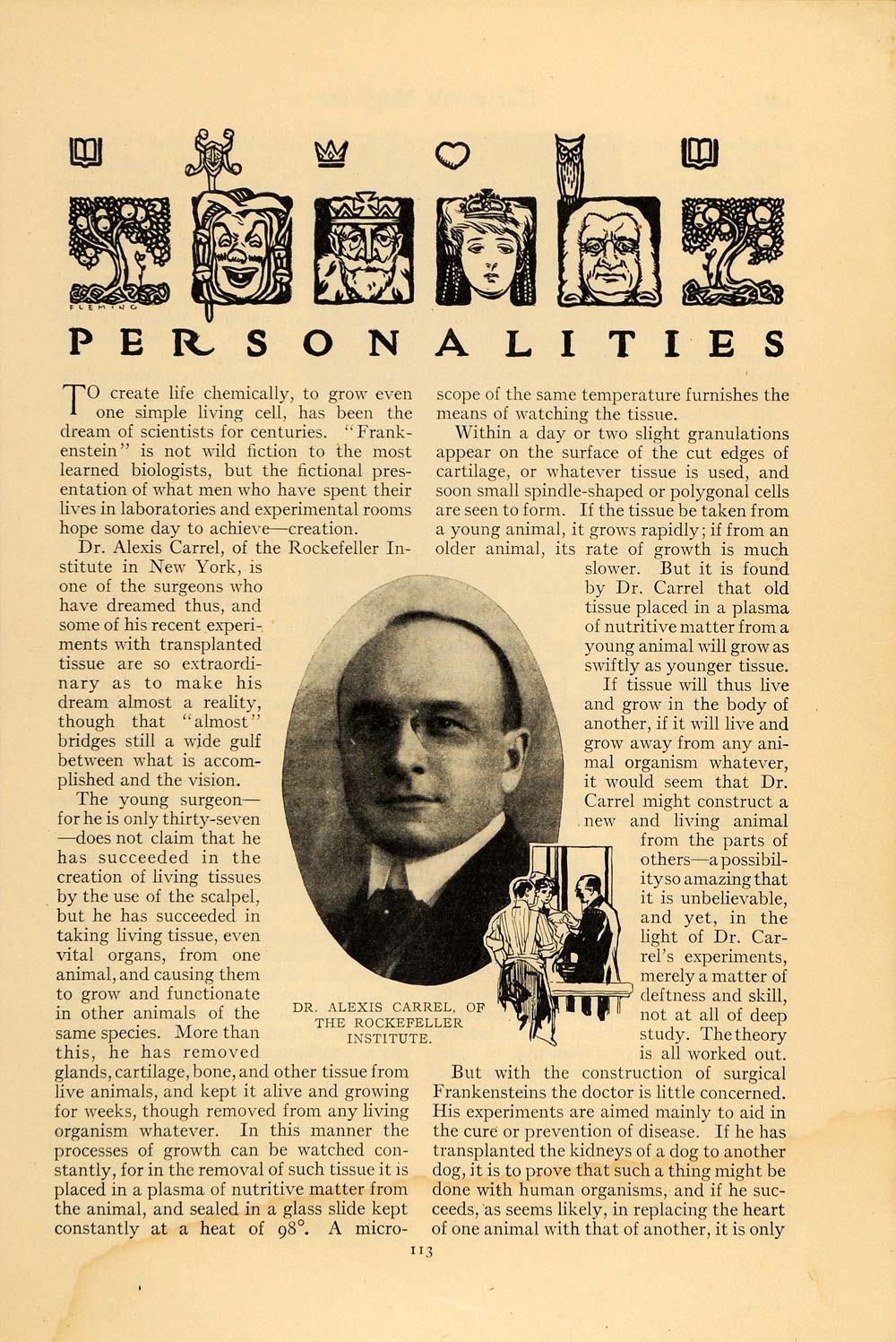 1911 Article Alexis Carrel Moseley Bartlett Rockefeller - ORIGINAL HM1