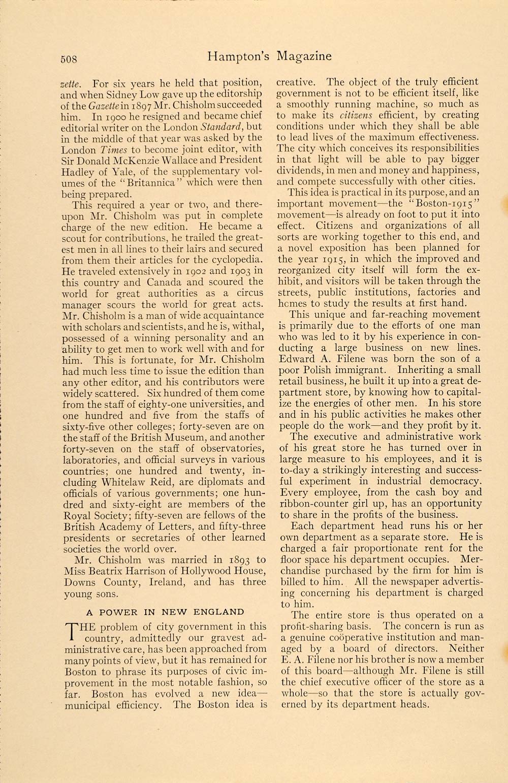1911 Article Filene Hugh Crisholm Reverend Williams - ORIGINAL HM1